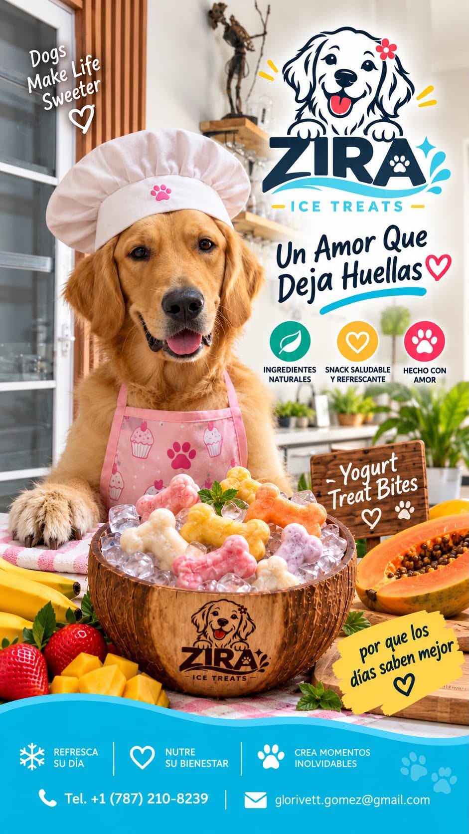Perro golden retriever con gorro de chef y delantal rosado frente a un tazón de coco lleno de bocaditos de yogurt helado, en una cocina de casa.