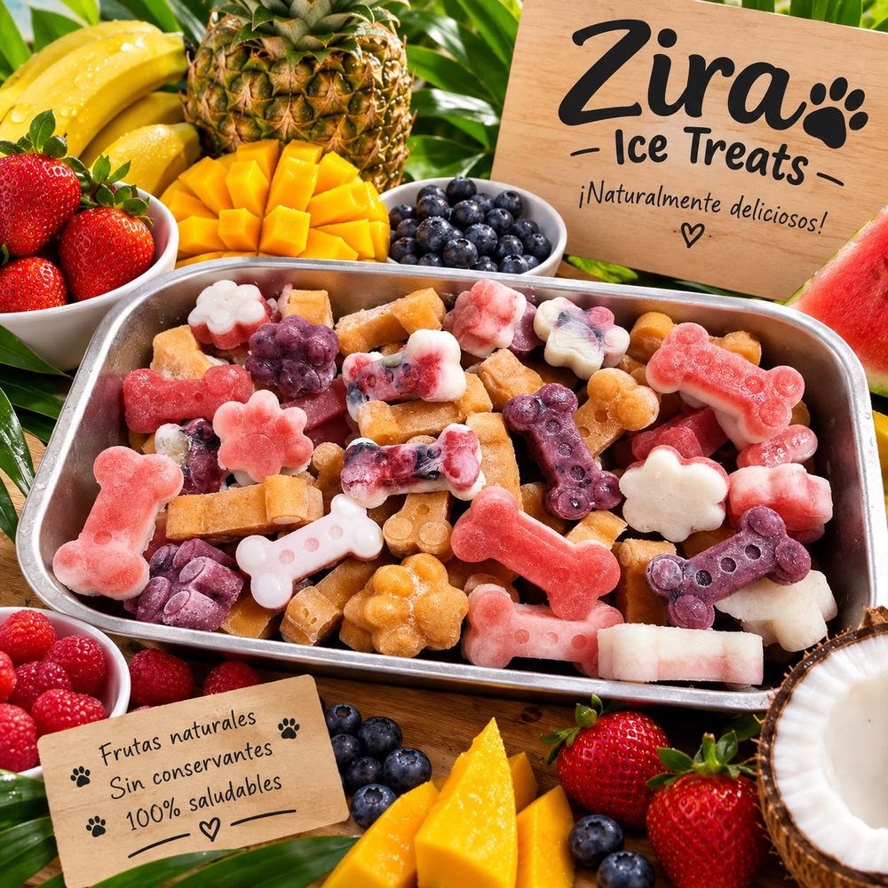 Bandeja de Zira Ice Treats con bocaditos de yogurt helado en forma de hueso y huella, rodeados de frutas frescas como fresa, mango y piña.